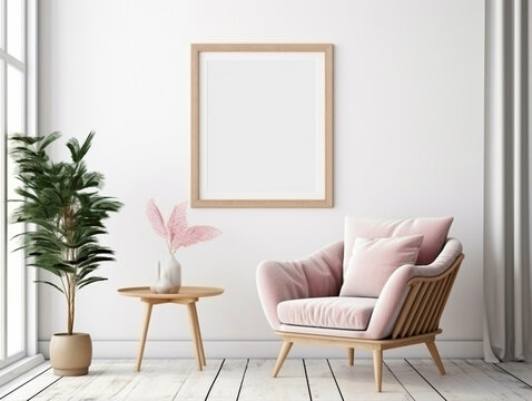 Explore the chic comfort of a modern living room featuring a wicker chair, floor vases, and a blank mockup poster frame against a bright white wall.