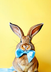 Fototapeta na wymiar funny holiday bunny. cool bunny in a bow tie on a yellow background. Easter card