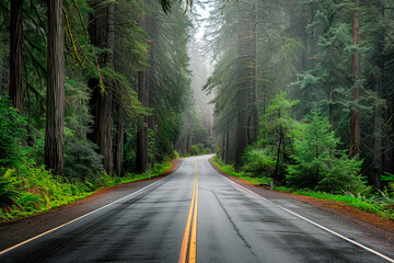 Obraz premium Asphalt road with with double white line and green tree alley.