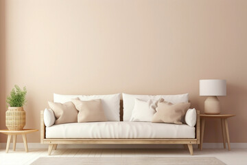 Experience the simplicity of a beige and Scandinavian sofa with a white blank empty frame for copy text, against a soft color wall background.