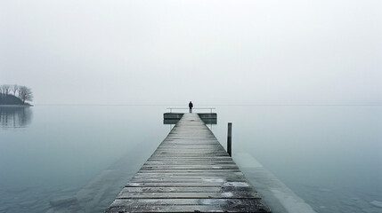 A solitary figure in contemplation on a misty dock, enveloped by serene tranquility. - obrazy, fototapety, plakaty