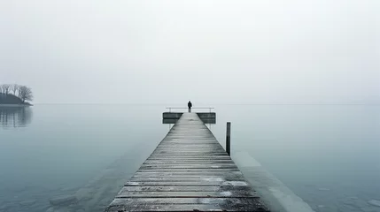 Foto op Plexiglas A solitary figure in contemplation on a misty dock, enveloped by serene tranquility. © ChoopyChoop