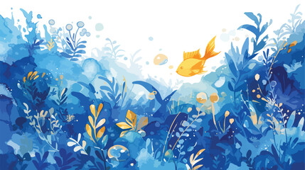 Fototapeta na wymiar Hand drawn watercolor yellow fish and blue waves