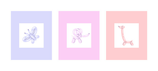 Set of Cards with Balloons. Balloons animals set. Collection of cute animal birthday invitations. Children's Greeting Cards. Butterfly, Elephant, Giraffe. Vector illustration
