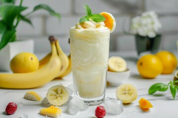 Banana slush drink in tall glass with fruit and crushed ice around it on white table with isolated background. Front view. Horizontal composition.