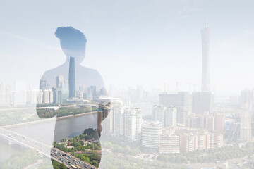 Collage with silhouette of woman on background of guangzhou Pearl river, Canton TV Tower,...