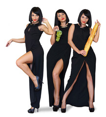 Collage with three pretty woman (one model) with loaf and grape in long black dress posing on white...