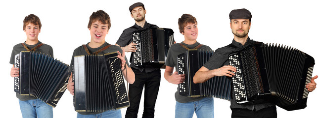 Collage with happy young boy and man plays accordion isolated on white background