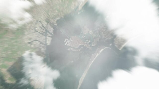 Earth zoom in from space to Venice, Italy. Followed by zoom out through clouds and atmosphere into space. Satellite view. Travel intro. Images from NASA