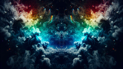 Fototapeta na wymiar Mystic Mirage: Wisps of Smoke Dance Across a Dark Rainbow Background, Conjuring Enigmatic Illusions