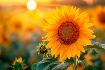 Obraz premium Sunflower field landscape close-up.