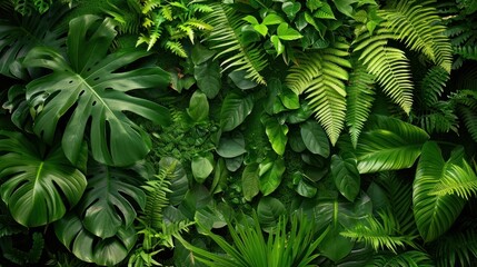 Green tropical background with jungle plants. Background of fern leaves. Exotic background of leaves of fern or bracken - obrazy, fototapety, plakaty