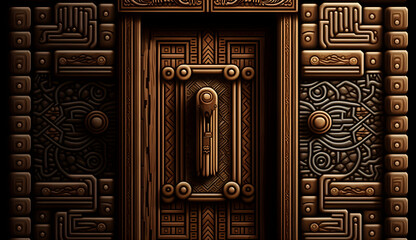 The intricate sculptures and detailed ornaments of a wooden door are highlighted in this pixel art background, showcasing the beauty and charm of craftsmanship. - obrazy, fototapety, plakaty