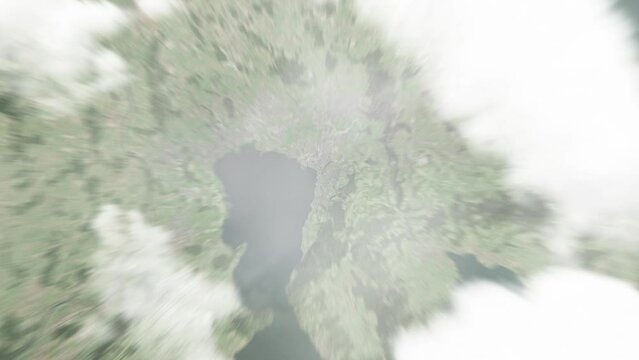 Earth zoom in from space to Zug, Switzerland. Followed by zoom out through clouds and atmosphere into space. Satellite view. Travel intro. Images from NASA