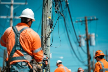 A group of bluecollar workers, including engineers and tradesmen, are wearing workwear and hard hats while working on a power line to ensure safety and protection from electricity hazards - obrazy, fototapety, plakaty