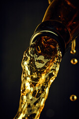 Close-up of beer bottle with condensation, with chill lager beer pouring against dark background. Golden bubbled liquid. Concept of alcohol and non-alcohol drinks, refreshment. Poster, banner for ad