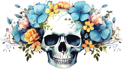 Human skull profile with flowers. Watercolor flat vector
