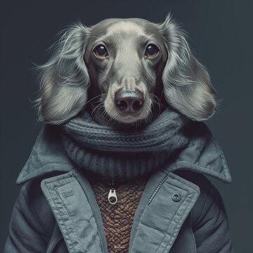 portrait of a long hair dachshund in a jacket with a scarf