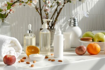 Bath and cosmetic products with almond extract and fruit and toiletries on white table in bathroom....