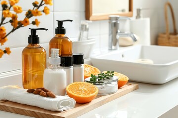 Bath and cosmetic products with almond extract and fruit and toiletries on white table in bathroom. Elevated view. Horizontal composition.