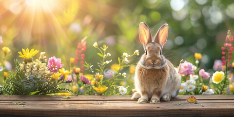 Cute Easter bunny and Easter eggs on a meadow with spring flowers. Generative AI - obrazy, fototapety, plakaty