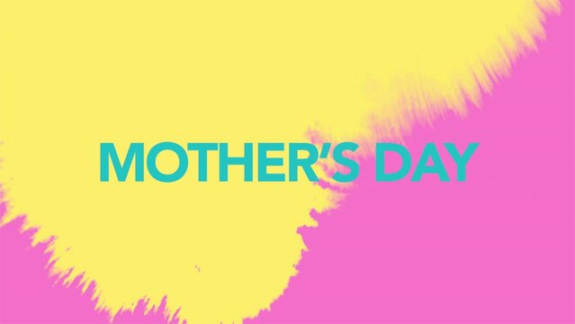 A vibrant abstract painting with yellow and pink colors that celebrates Mothers Day, showcasing the words Mothers Day in yellow on a pink background