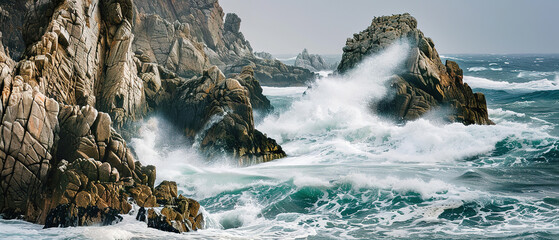 A photo of rugged coastlines, with crashing waves as the background, during a stormy day 