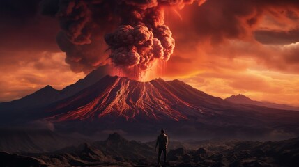 A man watching an erupting volcano. Gigantic volcano eruption with smoke and lava.