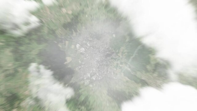 Earth zoom in from space to Liberec, Czech Republic. Followed by zoom out through clouds and atmosphere into space. Satellite view. Travel intro. Images from NASA