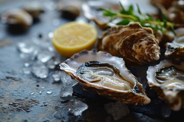 close up fresh oysters with lemon and ice. Healthy sea and gourmet  food concept