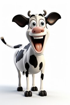 Playful 3d cartoon cow character isolated on white background, cute and funny design