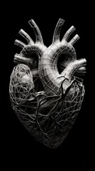 Black and white anatomical human heart isolated on black background. Vertical orientation - obrazy, fototapety, plakaty