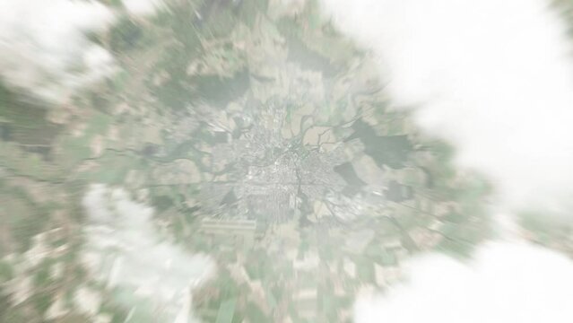 Earth zoom in from space to Pardubice, Czech Republic. Followed by zoom out through clouds and atmosphere into space. Satellite view. Travel intro. Images from NASA