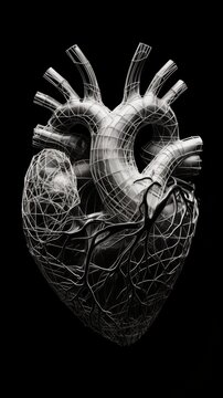 Black and white anatomical human heart isolated on black background. Vertical orientation