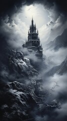 A dark castle on top of a mountain with clouds at night. Castle in the fog. Vertical orientation - obrazy, fototapety, plakaty
