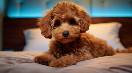 Adorable young brown poodle on the bed. Puppy is looking at the camera. Portrait of a poodle