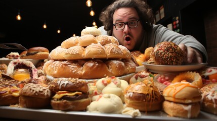 Man Observing Pile of Doughnuts