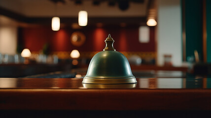 a bell to call the hotel staff at the reception desk a blurry view of the luxury hotel - obrazy, fototapety, plakaty