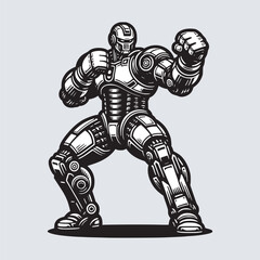 robot machine boxing drawing art style black and white vector illustration