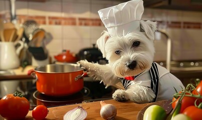a cute westie in a chef hat and overalls works in the kitchen