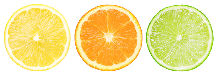 slice lemon fruit, slice orange fruit and slice fresh lime isolated, transparent PNG, PNG format,...