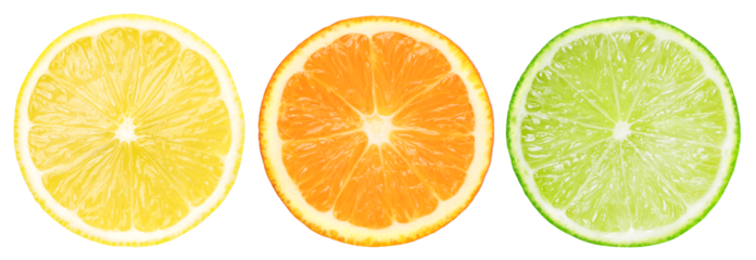 slice lemon fruit, slice orange fruit and slice fresh lime isolated, transparent PNG, PNG format, cut out