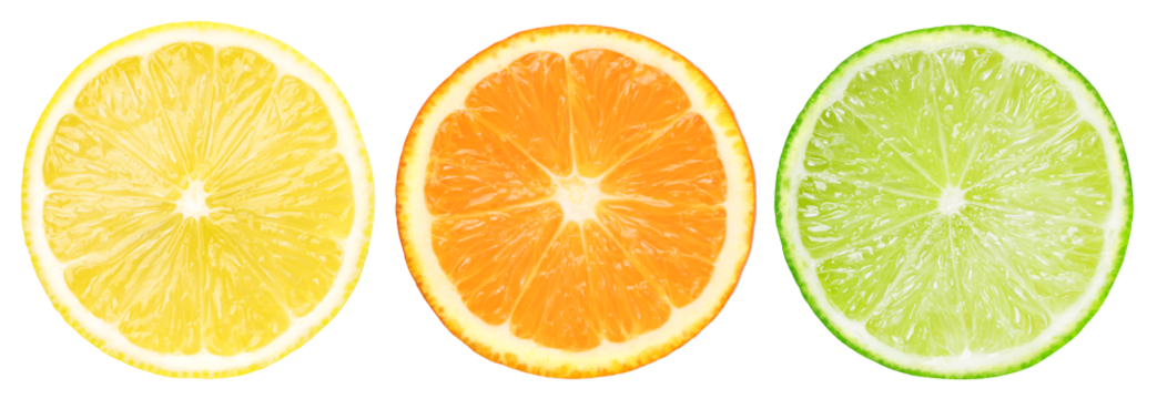 slice lemon fruit, slice orange fruit and slice fresh lime isolated, transparent PNG, PNG format, cut out