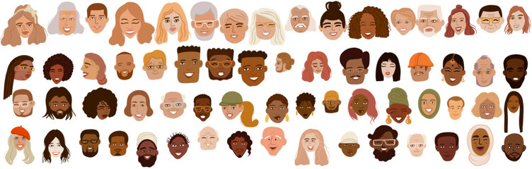 Characters smiling people different age and ethnicity. Young and old, woman, man, diversity. Vector flat illustration, hand drawn sketch, doodle 