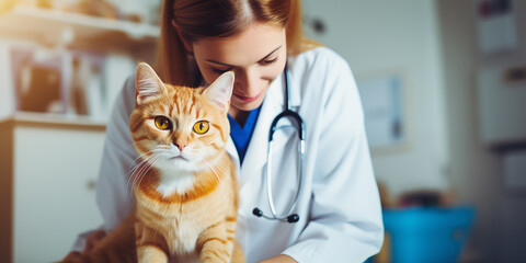 young doctor examining cute cat at pet clinic, A veterinarian in a clinic looking at a cat