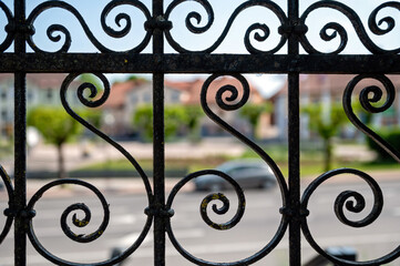 Fototapeta na wymiar Detail of a wrought iron fence on a street in the city. Selective focus.