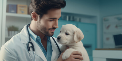 young doctor examining cute dog at pet clinic, A veterinarian in a clinic looking at a dog