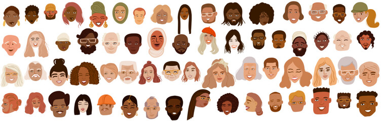 Characters smiling people different age and ethnicity. Young and old, woman, man, diversity. Vector flat illustration, hand drawn sketch, doodle  - obrazy, fototapety, plakaty