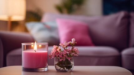 Obraz na płótnie Canvas Elegant Home Decor with Scented Candle and Pink Flowers in a Modern Living Room