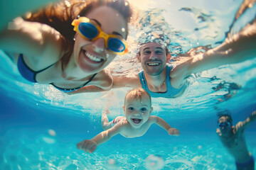 Obraz na płótnie Canvas a happy family swimming under the pool